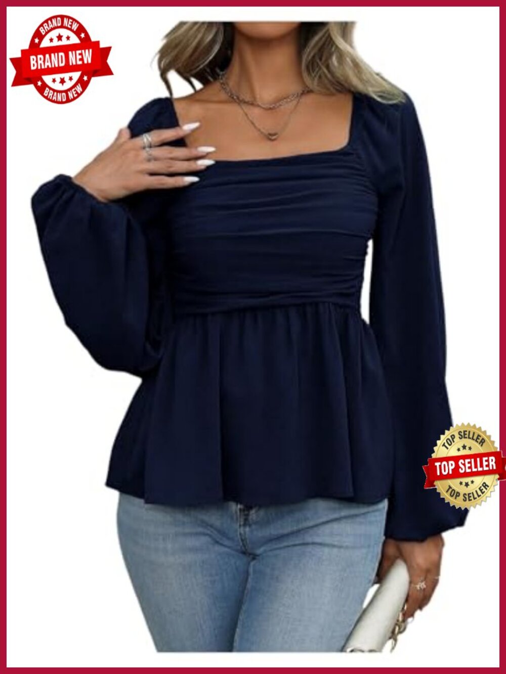 Women's Bishop Long Sleeve Ruched Square Neck Ruffle Hem Peplum Blouse Top